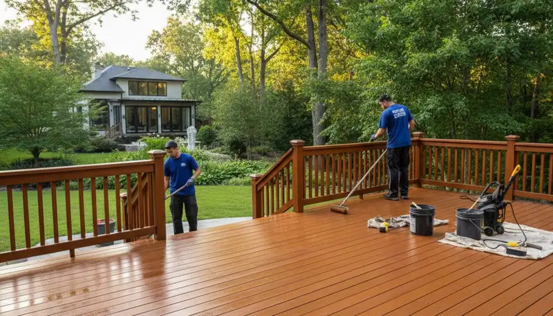 Deck staining service in Houston, TX protecting wood deck from moisture and UV damage