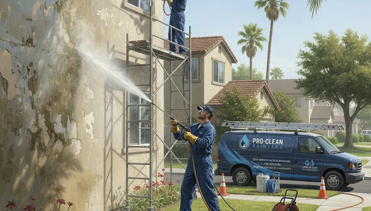 Houston painters pressure cleaning exterior surfaces in Houston, TX to remove mold and grime